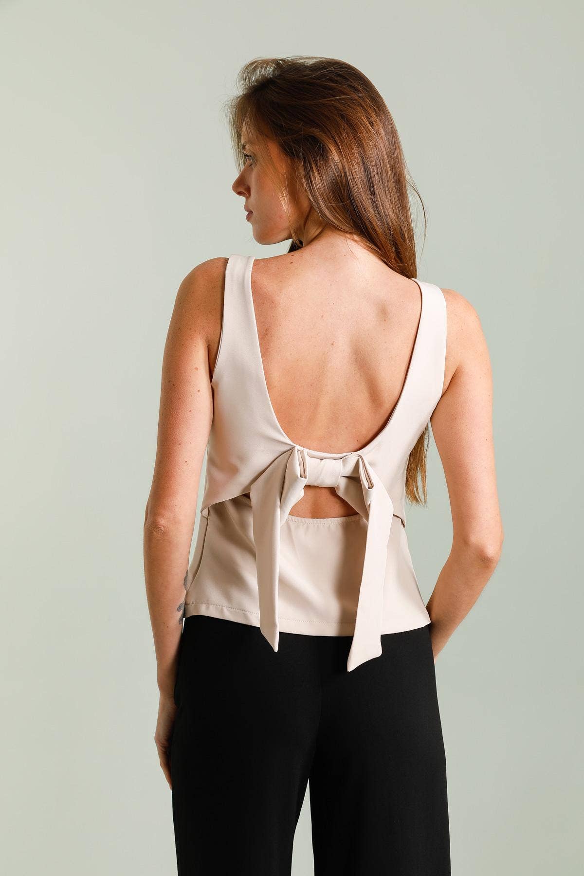 Square neck top with back knot in Beige
