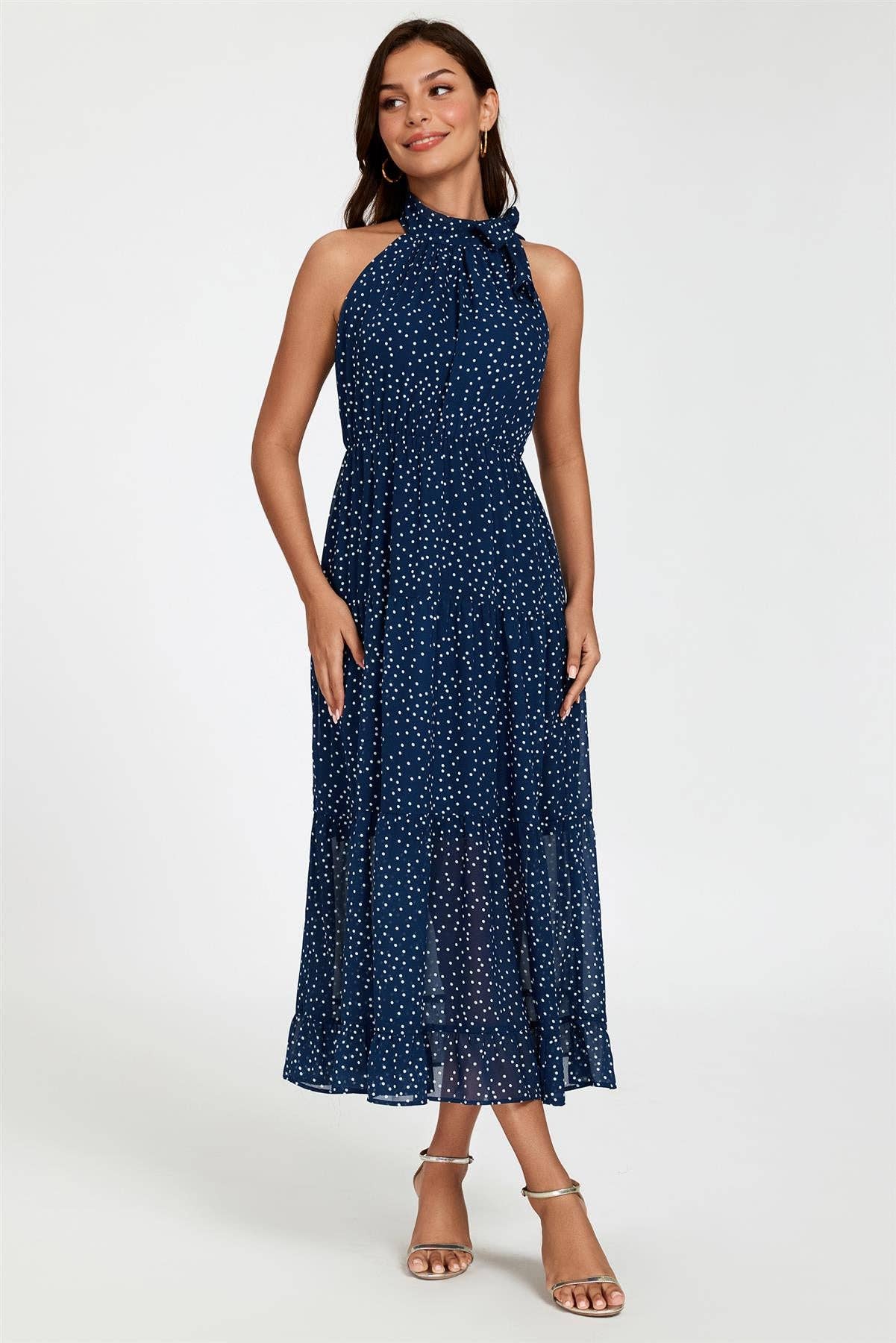 Polka Dot Halter Neck Dress In Navy