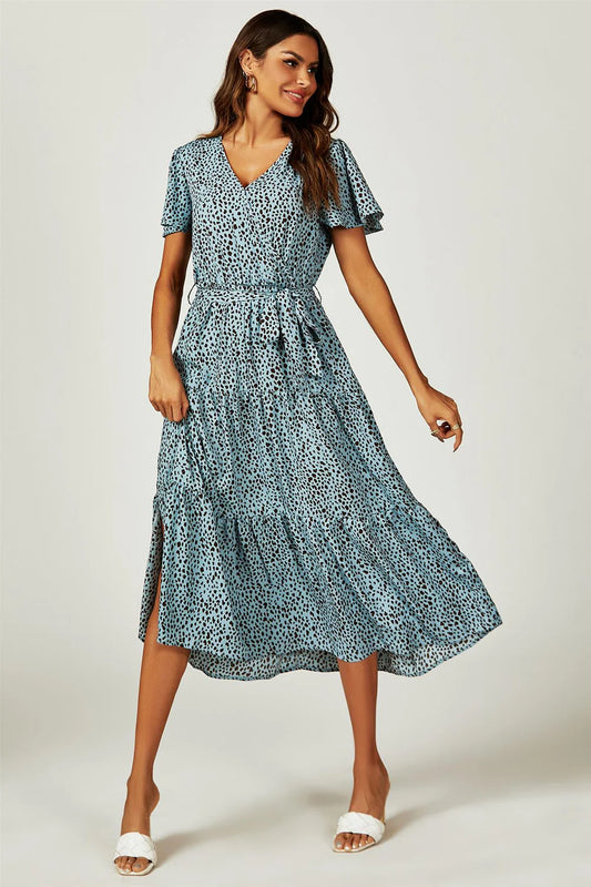 Leopard Print Wrap Midi Dress in Blue