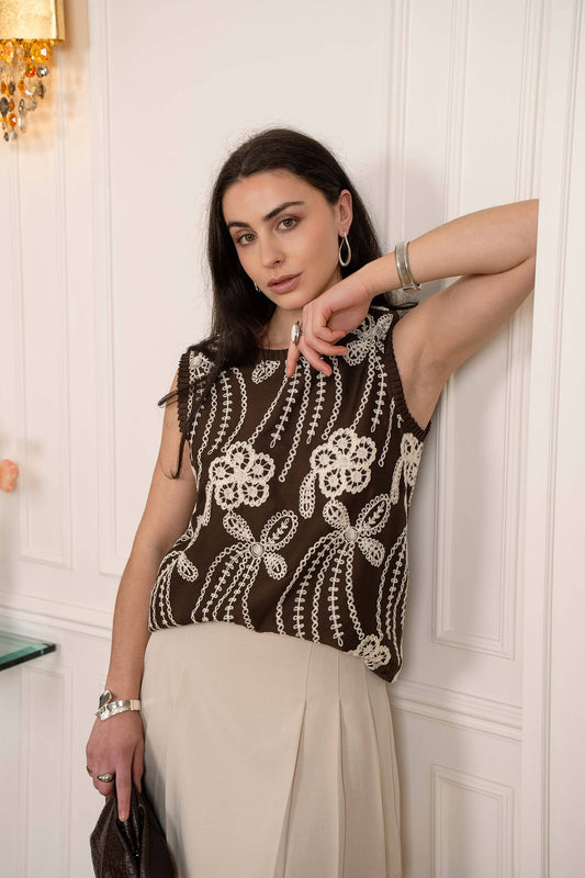 Embroidered top in Coffee and beige