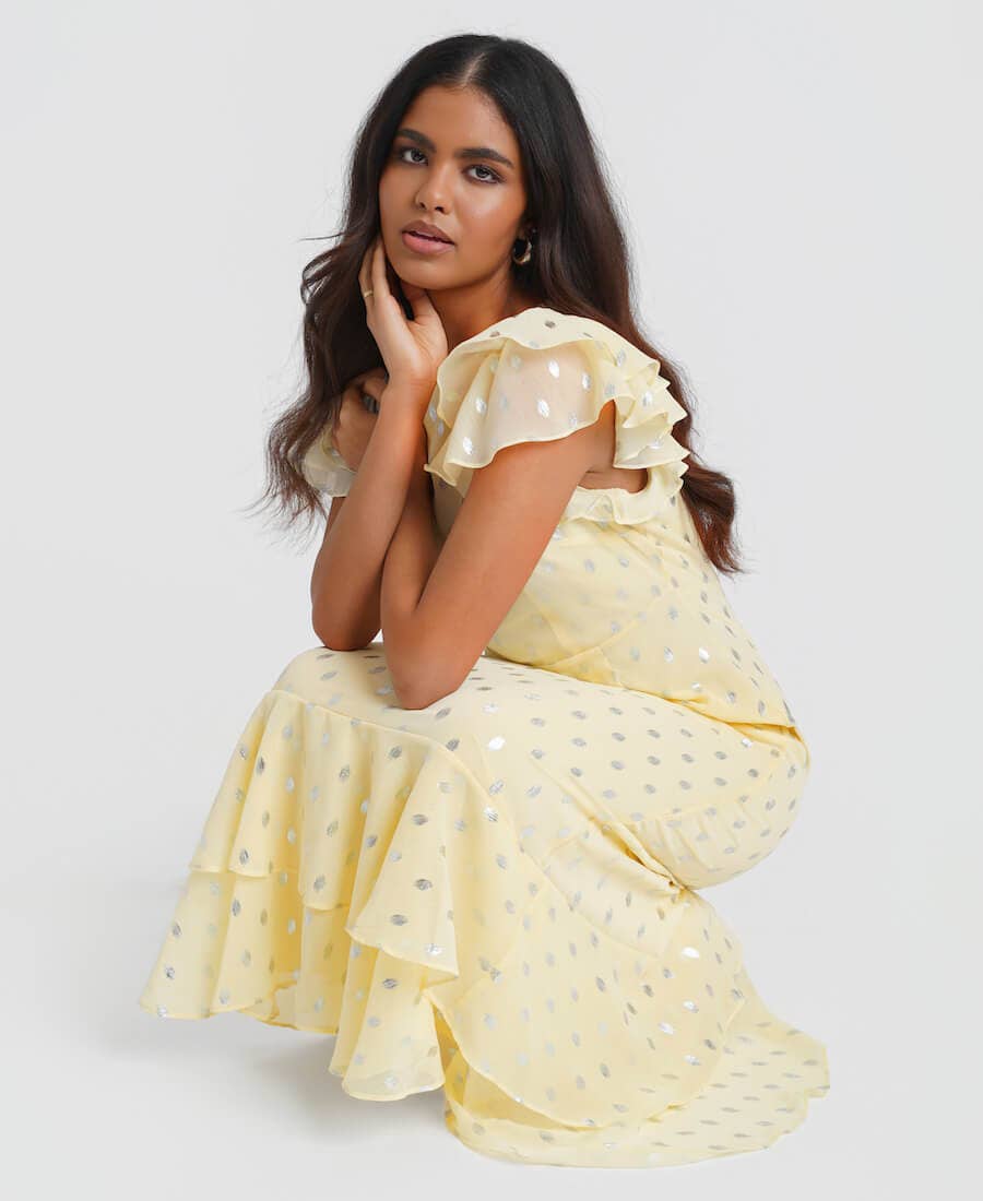 Lemon Flutter Sleeve Foil Midaxi Dress