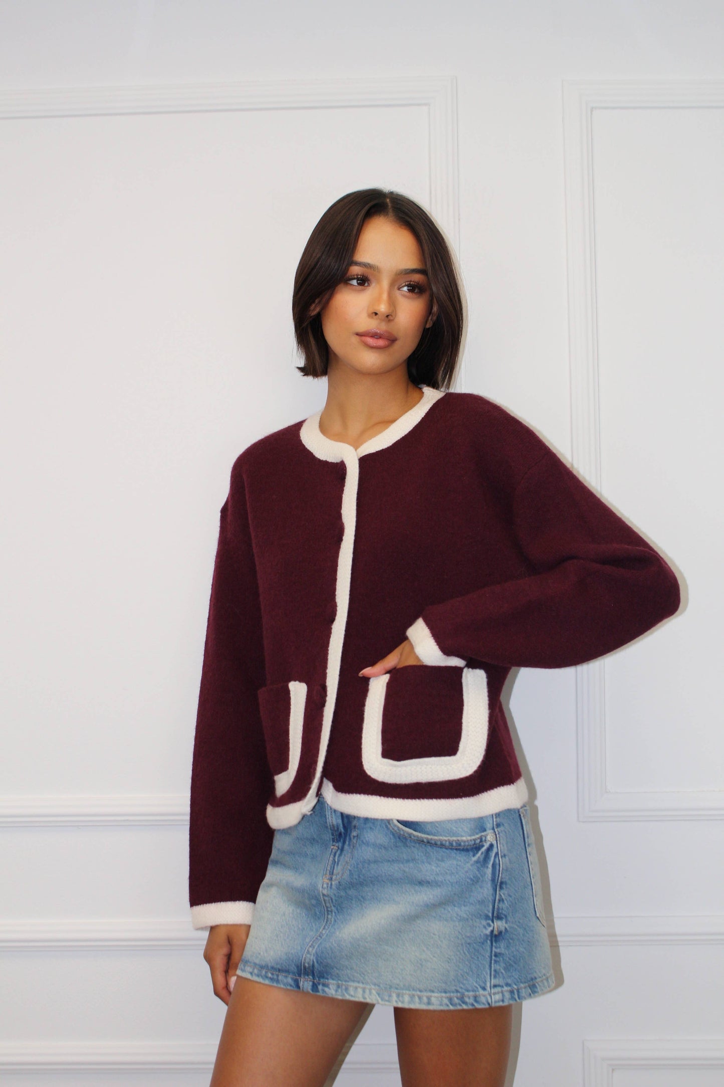 Round neck button through cardigan in Burgundy