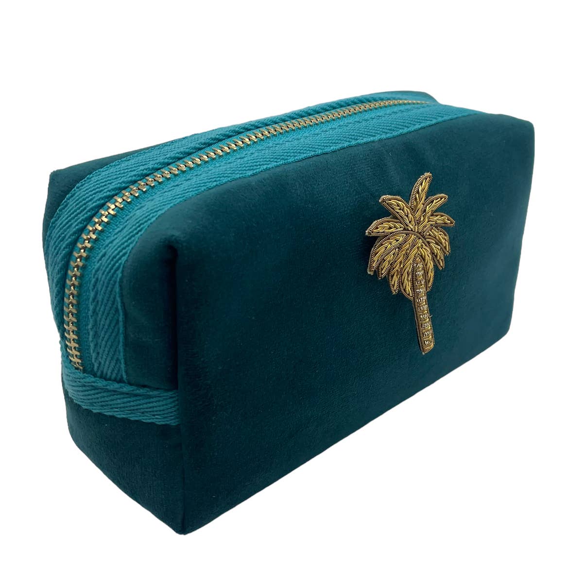 Teal make-up bag & gold palm tree pin