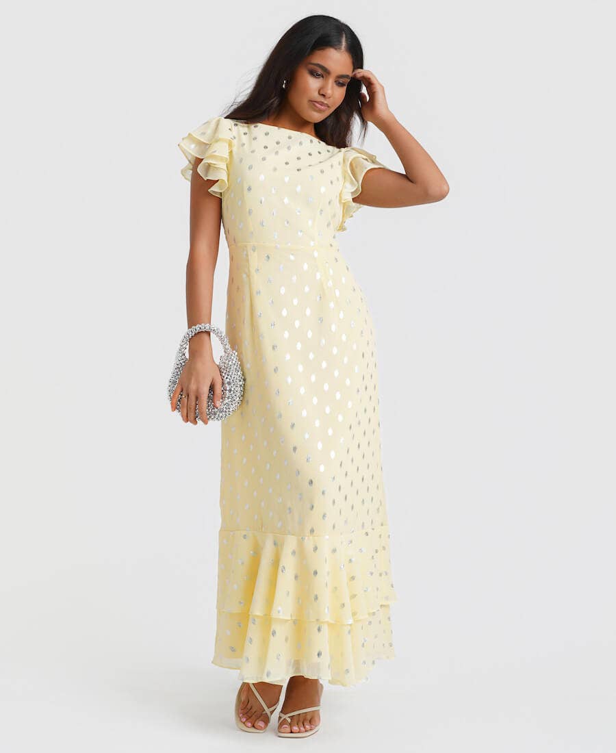 Lemon Flutter Sleeve Foil Midaxi Dress
