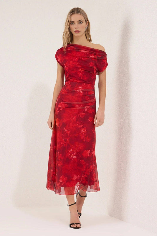 Patterned Tulle Midi Dress in Red