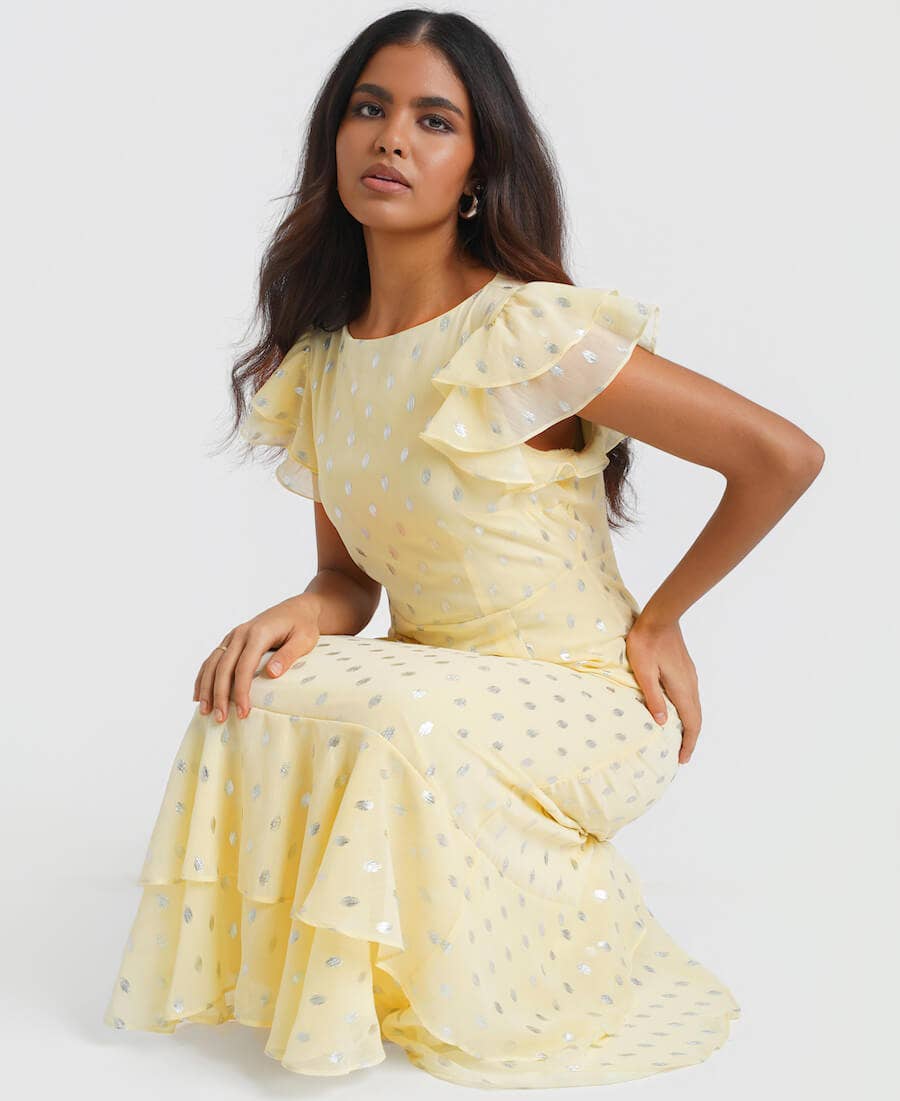 Lemon Flutter Sleeve Foil Midaxi Dress
