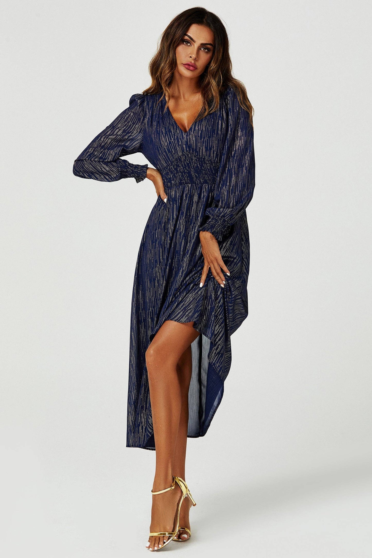Gold Stripe Foil Dress In Navy