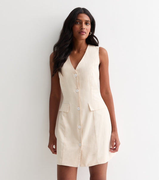 Cream Linen Button Through Mini Shirt Dress
