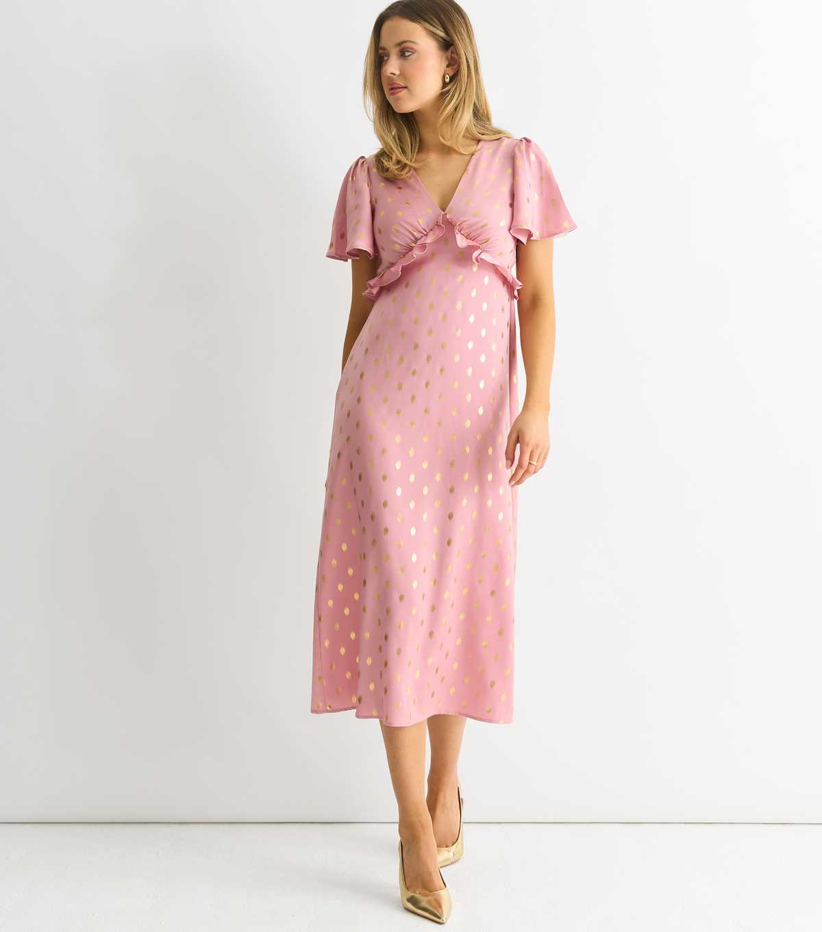 Pink Foil V Neck Midi Dress