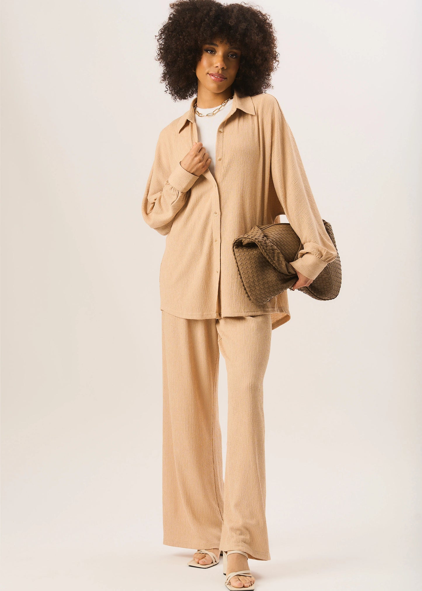 Camel Textured Pull On Wide Leg Trousers