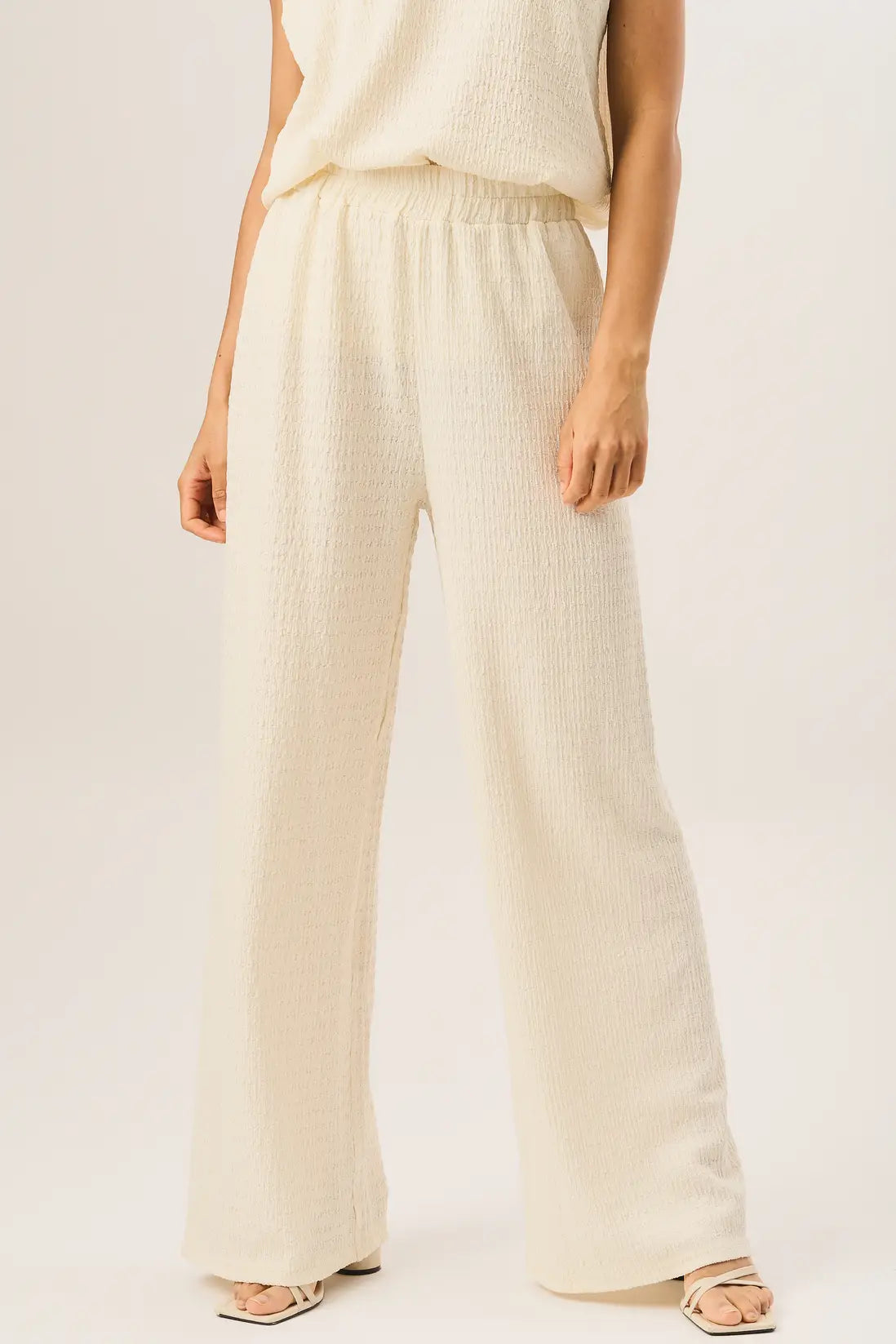 Ivory Textured Elastic Waist Pull On Trousers