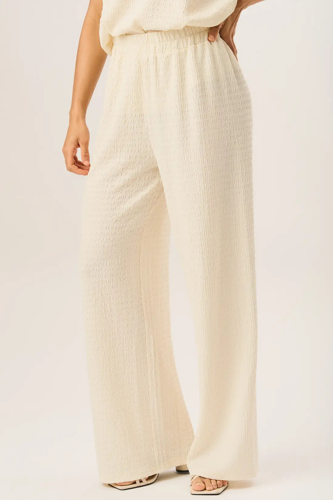 Ivory Textured Elastic Waist Pull On Trousers