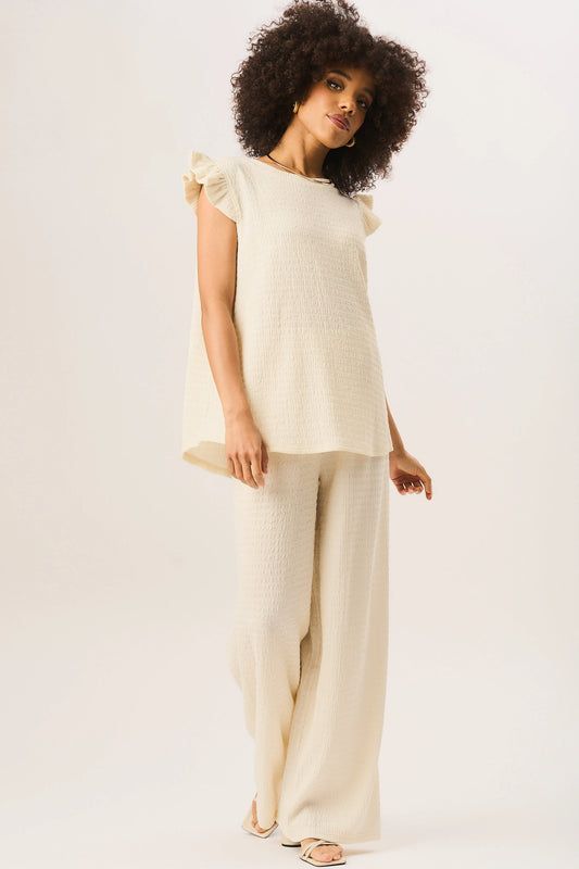 Ivory Textured Elastic Waist Pull On Trousers