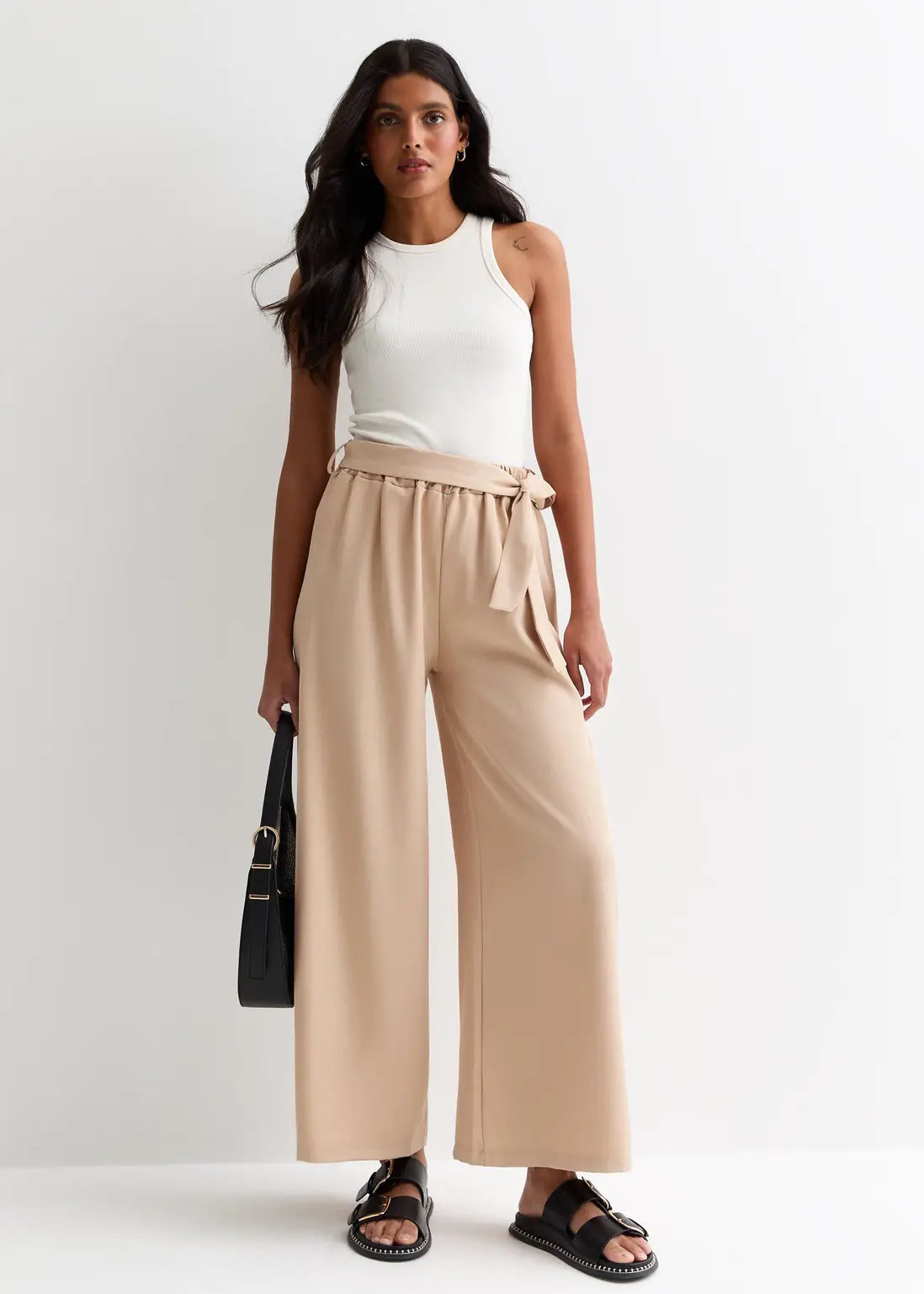 Camel Elasticated Wide leg Tie detail Trousers