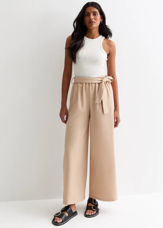 Camel Elasticated Wide leg Tie detail Trousers
