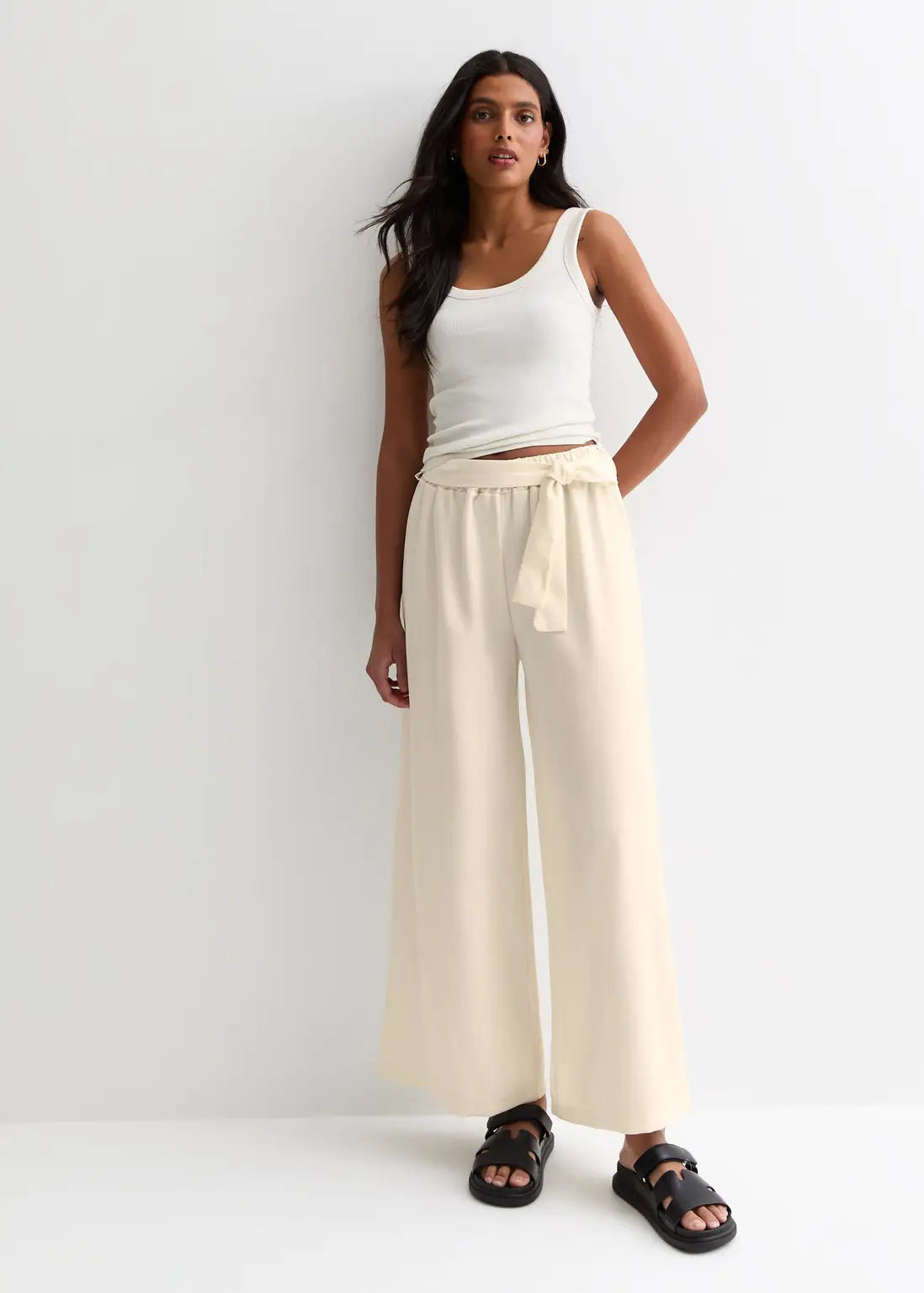 White Elasticated Wide leg Tie detail Trousers