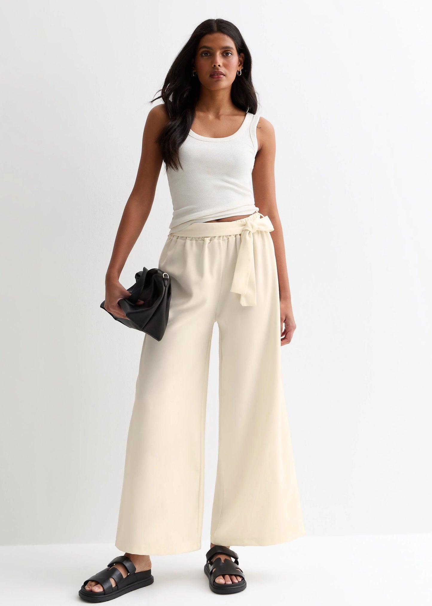 White Elasticated Wide leg Tie detail Trousers