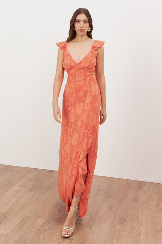 Anaya With Love Coral Floral Burnout Strappy V Neck Maxi Dress with Skirt Split & Ruffle Detail