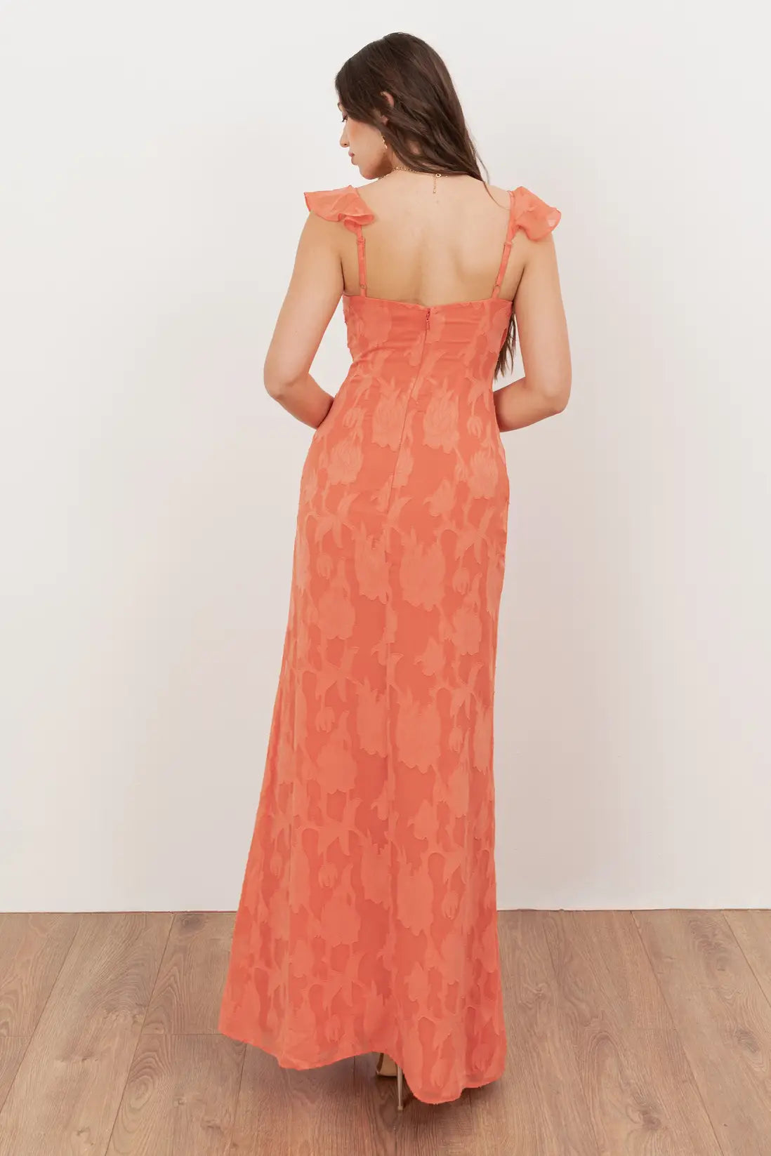 Anaya With Love Coral Floral Burnout Strappy V Neck Maxi Dress with Skirt Split & Ruffle Detail