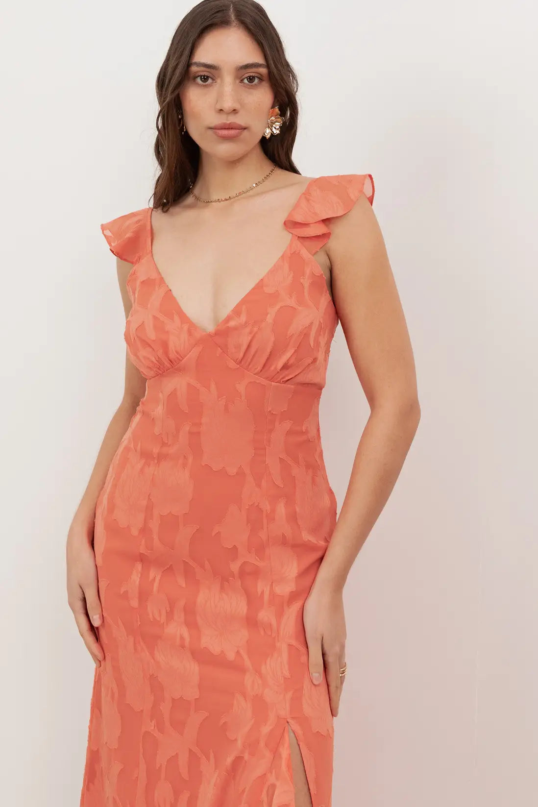 Anaya With Love Coral Floral Burnout Strappy V Neck Maxi Dress with Skirt Split & Ruffle Detail