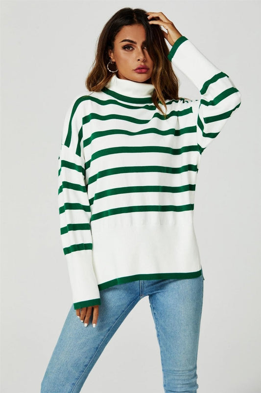 Striped Roll Neck Jumper in Green