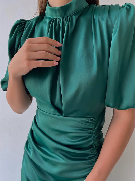 Ruched Dress in Emerald Green