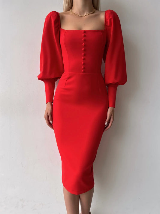 Puff Sleeve Dress in Red