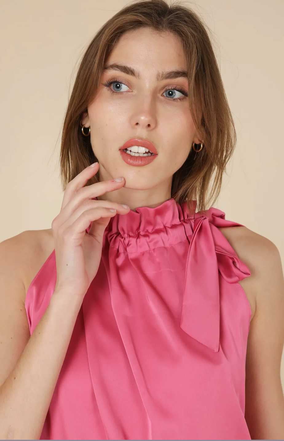 Satin Blouse with Bow in Fuchsia