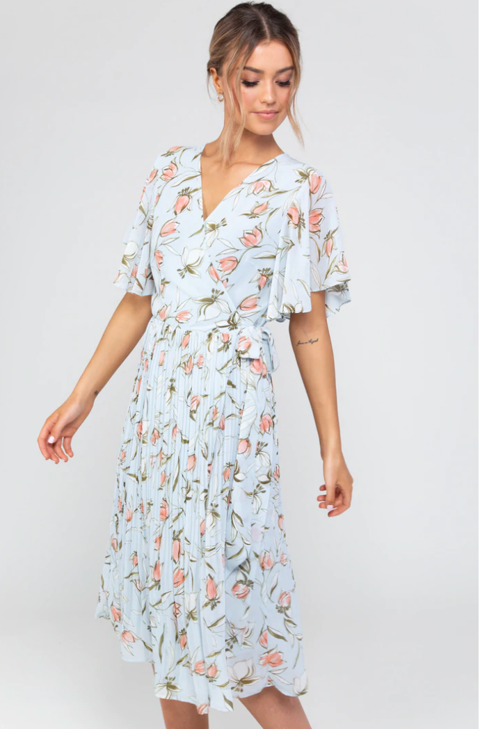 Dusty blue floral pleated best sale midi dress