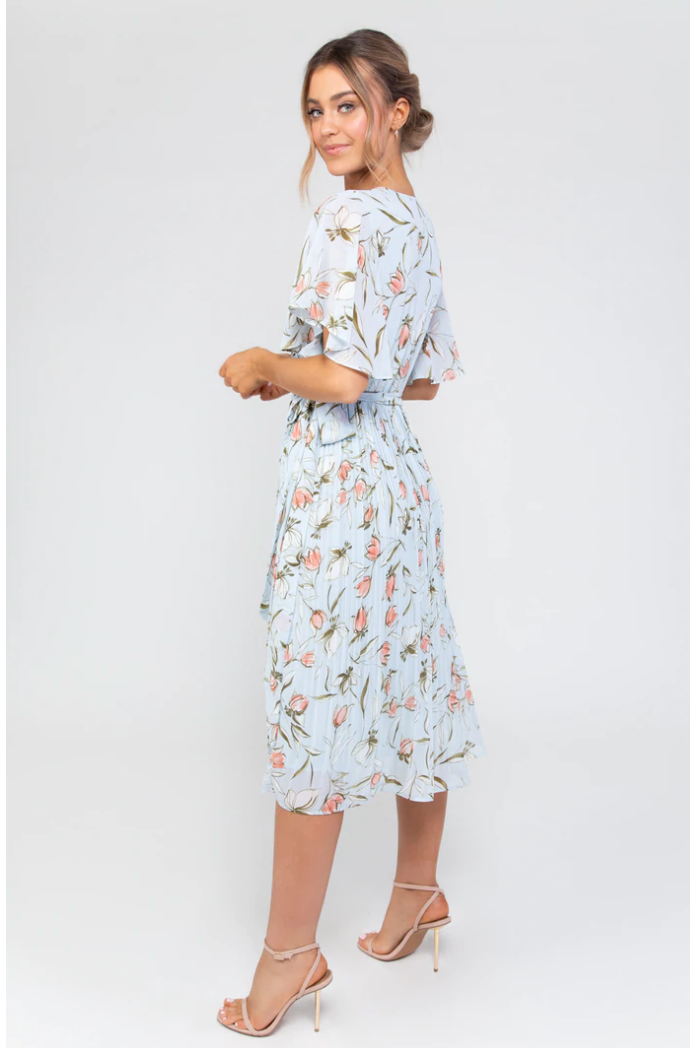 Dusty blue floral pleated hotsell midi dress