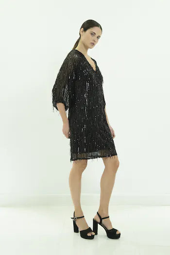 Sequin Fringe Dress in Black