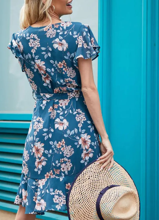 Ruffle Sleeve Floral Shift Dress in Teal